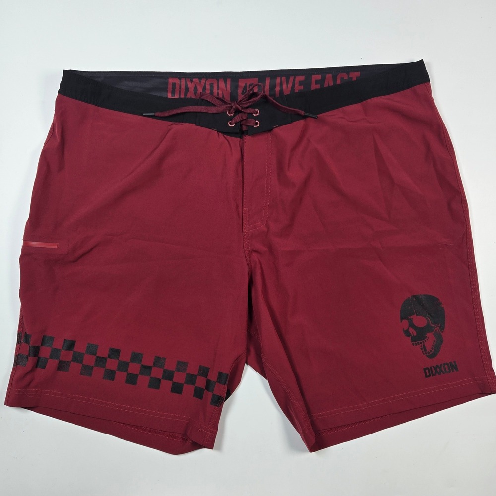 Dixxon Board Shorts Mens 46 Maroon Skull Checkerboard Live Fast Swim Trunks